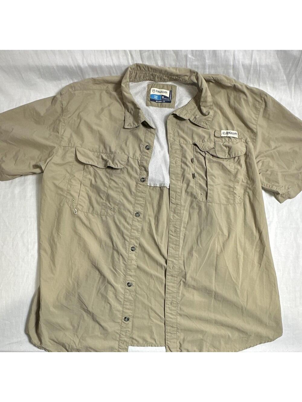 0012 Magellan Outdoors Fish Gear Men’s XL Beige Relaxed Fit Button-Up Shirt